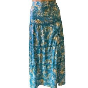 Vintage Maxi Skirt Size L Yellow Teal Leafy Hawaiian Cottagecore Coastal Split